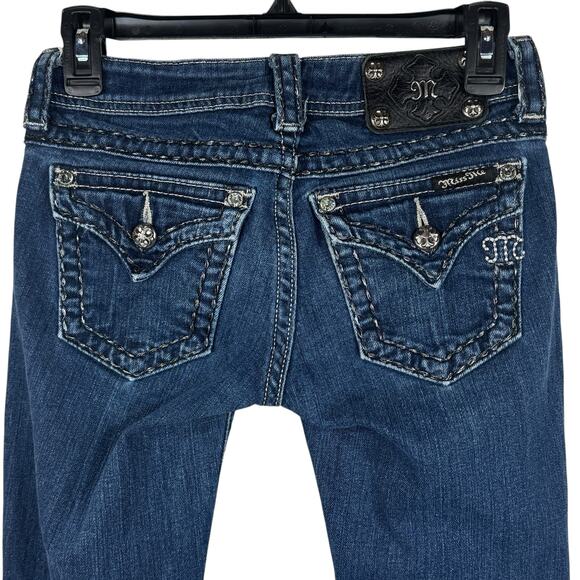 Miss Me SZ 25 Skinny Jeans Low-Rise Silver Embroidery Button-Flap Pockets Hemmed - Picture 6 of 16